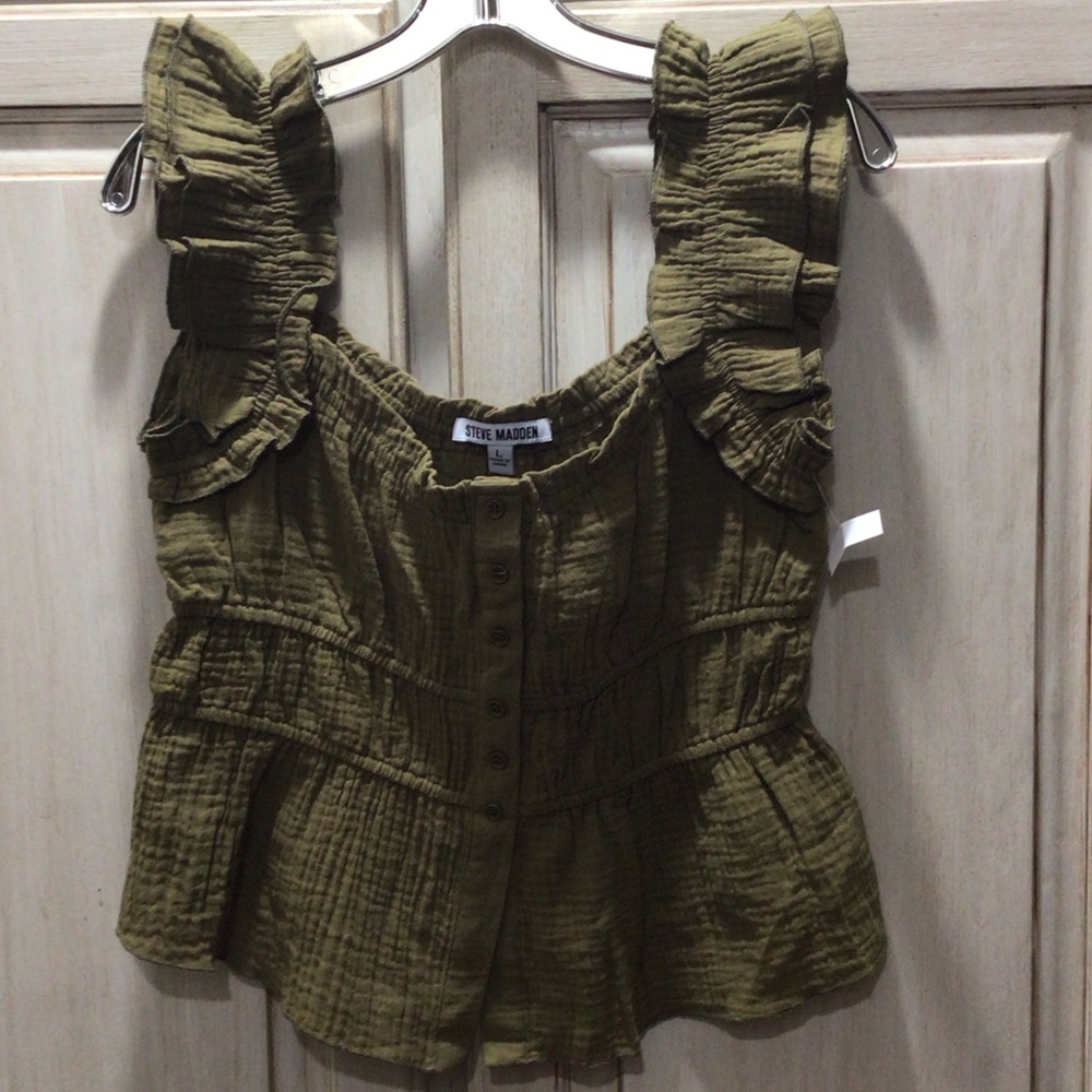 Steve Madden Olive Green Ruffle Strap Button-Front Peplum Top